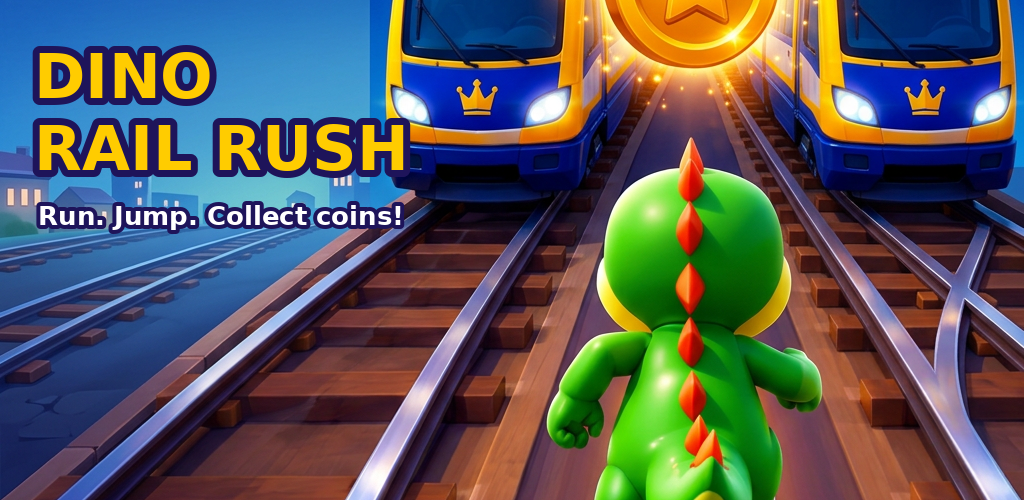 Dino Rail Rush banner: a little dinosaur running on train rails