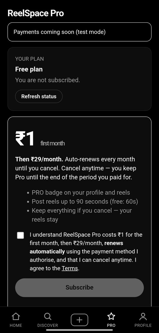 ReelSpace Pro plan screen